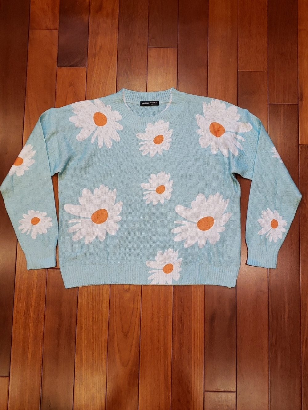 SHEIN Sky Blue Daisy Crewneck Sweater with White & Orange Floral Accents - Picture 2 of 8